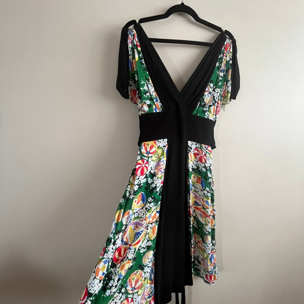 Trashy Diva Candice Gwinn Black Midi Dress Size 4 Japanese Temari Ball Print